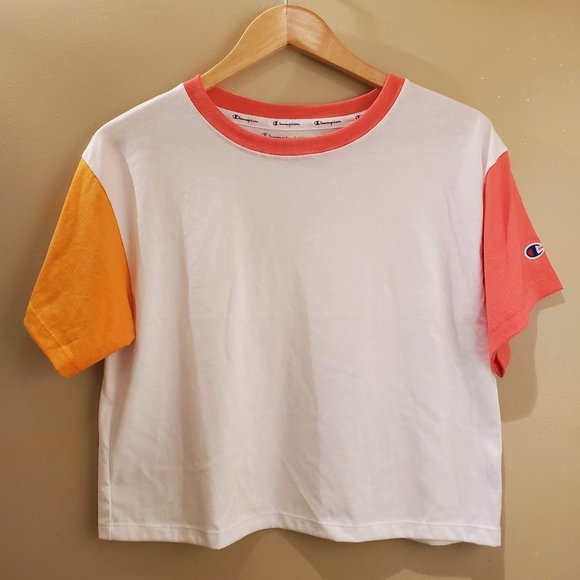 Champion Tops - SOLD! - Champion White Cropped Top Logo Tee Pink Orange Color Blocked Sleeves -S